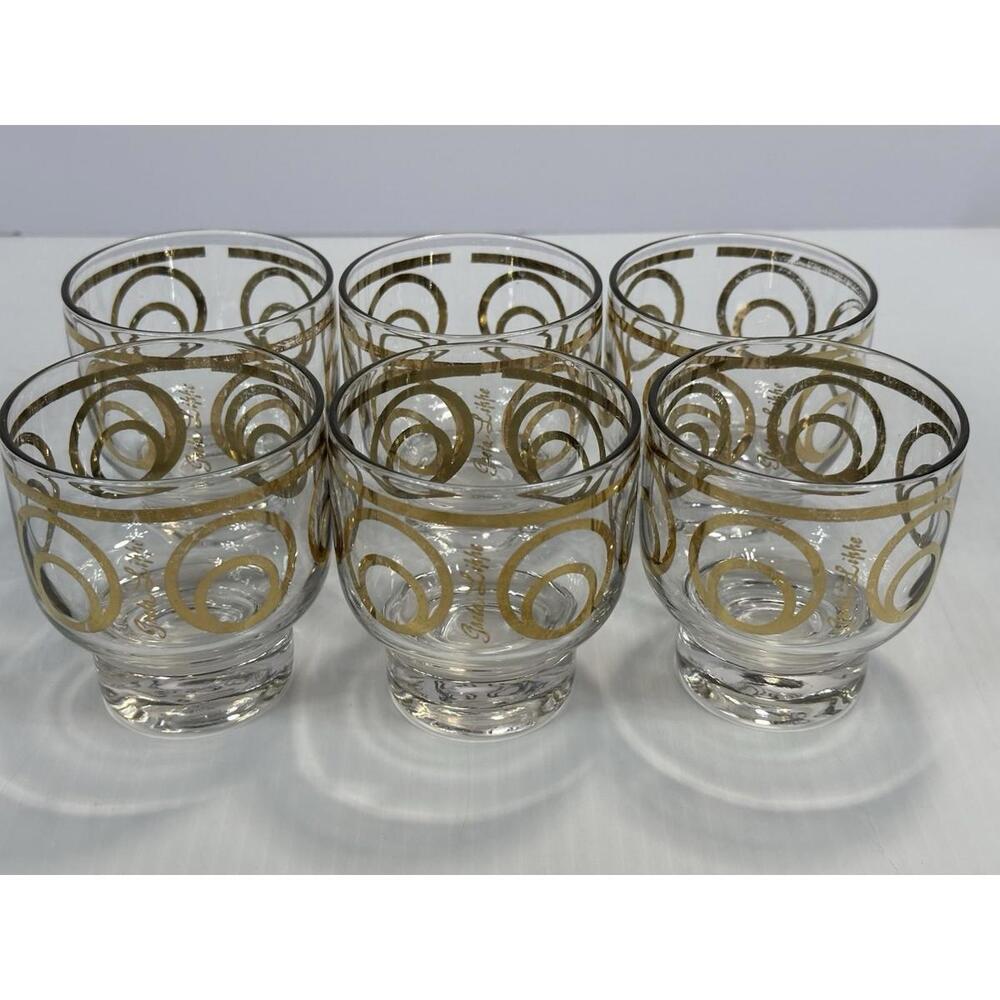 Set 6 Vintage Mid Century Modern Greta Lippe Gold Circles Rocks Glasses Barware‎